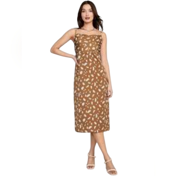 New Old Navy Dress Brown Cream Print Cowl Neck Satin Midi Slip Sleeveless Si… - Picture 4 of 11